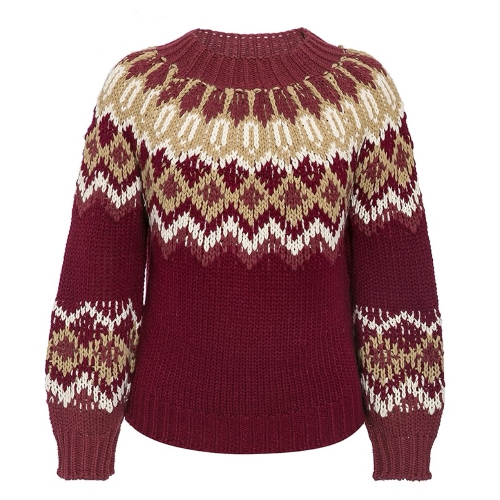 Aztec Pattern Burgundy Knit Pullover Sweater - Picture 6 of 8